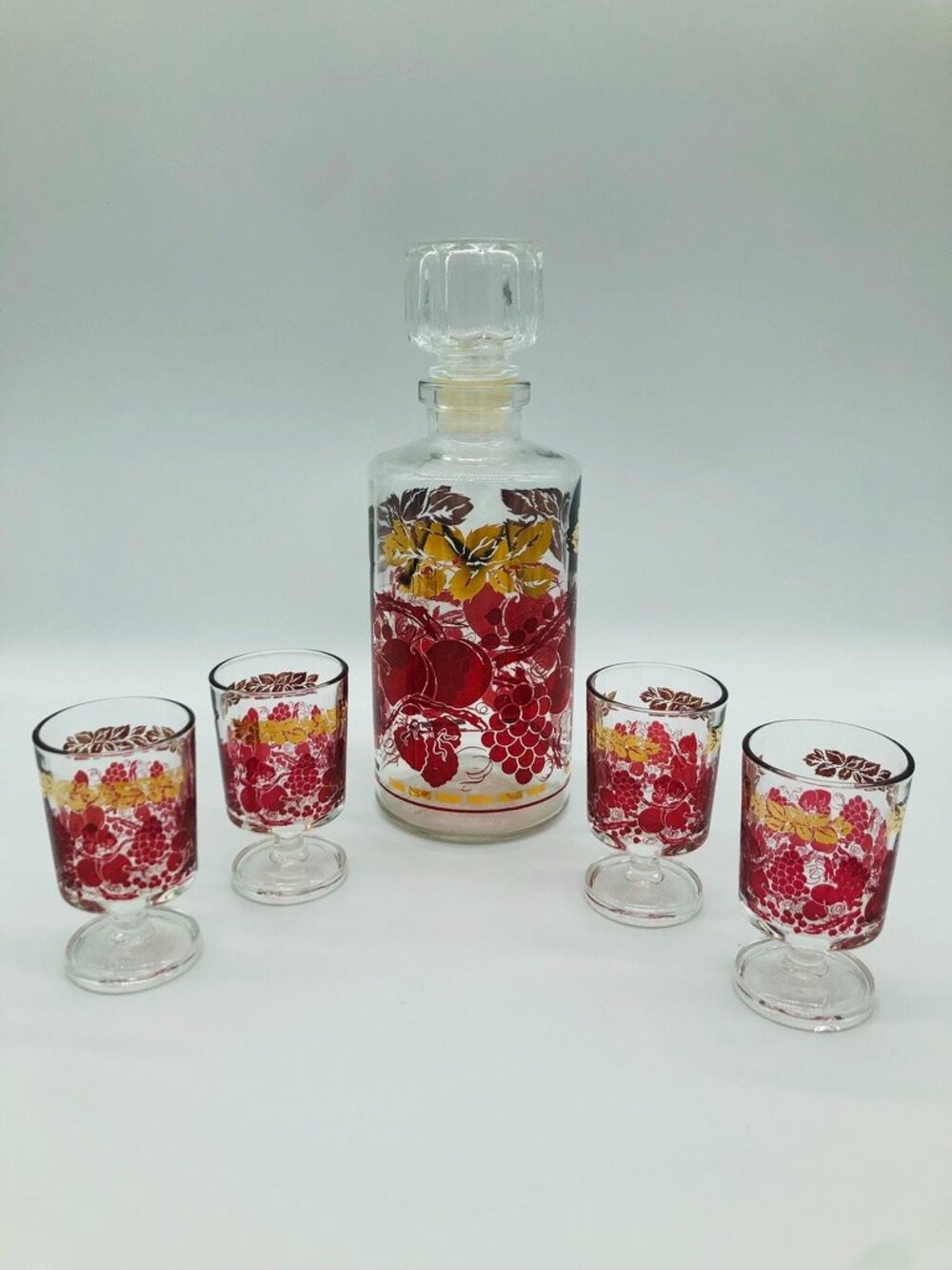 Vintage Luminarc Decanter and Cordial Glasses: Gold Leaf Burgundy Fruit, 1970s
